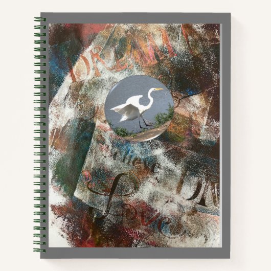 Monoprinted Egret Dream and Believe Spiral Journal Notitieboek (Voorkant)