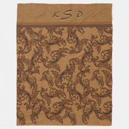 Monorammed Roest en Gouden Bladwervelingen Fleece Deken