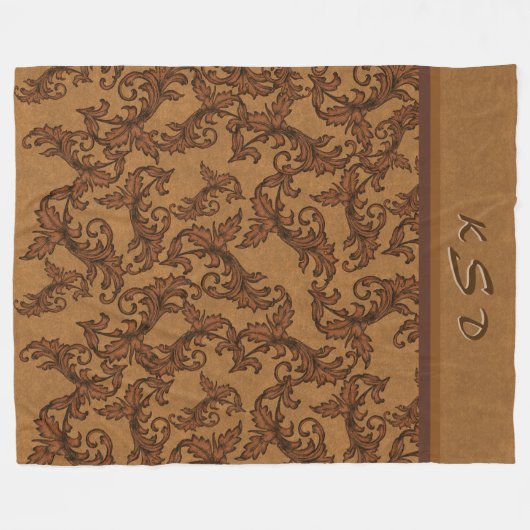 Monorammed Roest en Gouden Bladwervelingen Fleece Deken (Voorkant (Horizontaal))