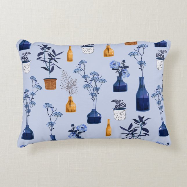 Monoton van moderne bloemen en vaas, pot met bot accent kussen (Voorkant)