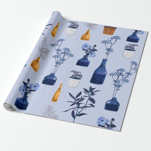 Monoton van moderne bloemen en vaas, pot met bot cadeaupapier (Uitgerold)