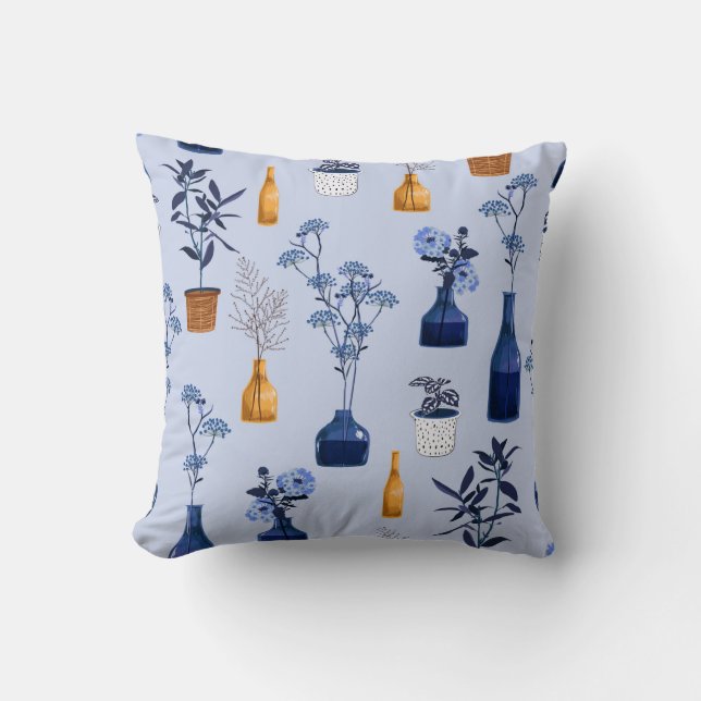 Monoton van moderne bloemen en vaas, pot met bot kussen (Voorkant)
