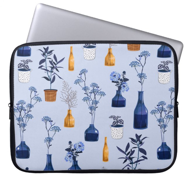Monoton van moderne bloemen en vaas, pot met bot laptop sleeve (Voorkant)