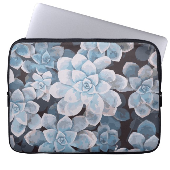Monotone blauwe succulente laptophoes laptop sleeve (Voorkant)