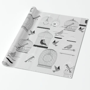 Monotone grijze volière vogelkooi vogels cadeaupapier
