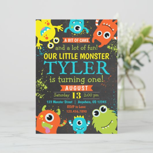 Monster 1e verjaardag Uitnodiging (Staand voorkant)