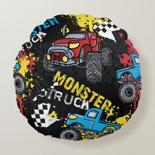 Monster auto: Abstract kinderachtig patroon Rond Kussen (Voorkant)