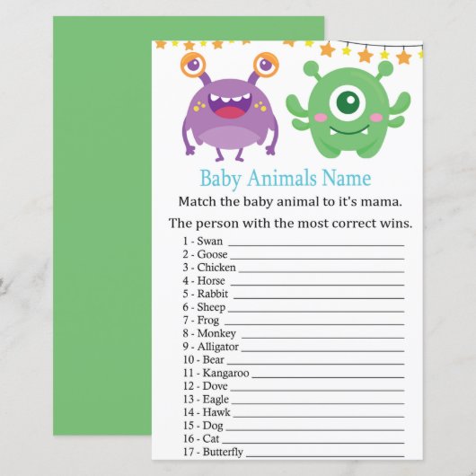 Monster Baby Dieren Naam Spel (Voorkant / Achterkant)