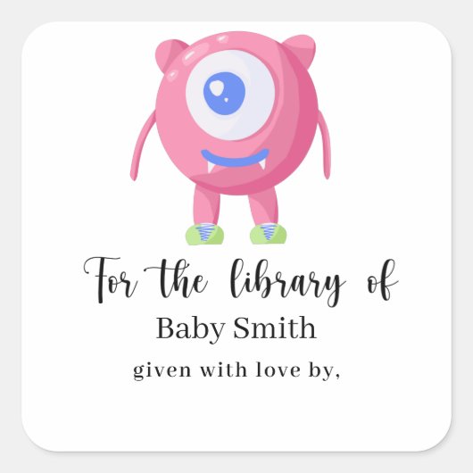 Monster - Baby Shower Bibliotheek Vierkante Sticker (Voorkant)