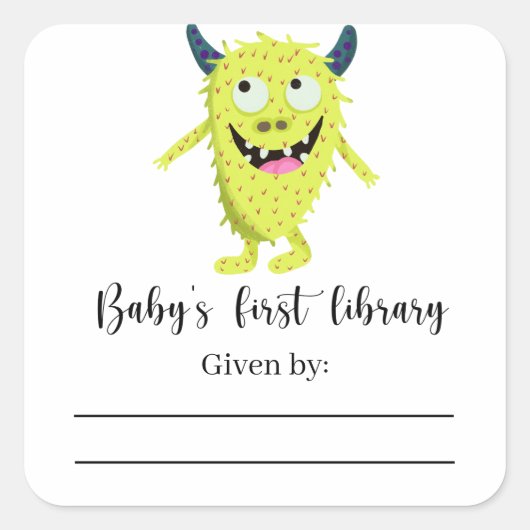 Monster - Baby Shower boekplattegrlabel, boeken vo Vierkante Sticker (Voorkant)