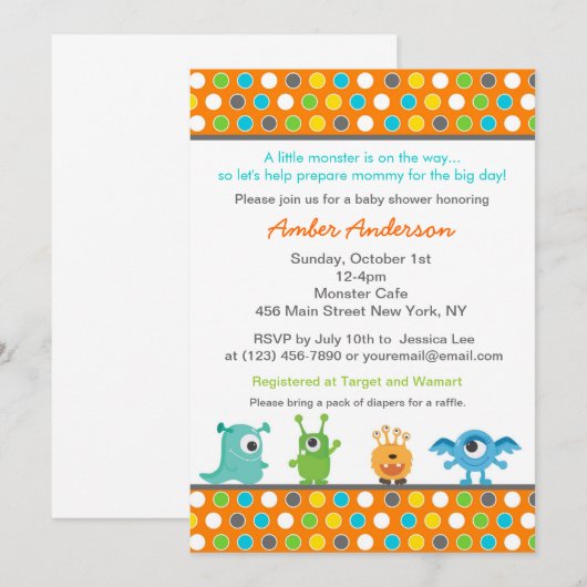 Monster Baby Shower-uitnodigingen Kaart (Voorkant / Achterkant)