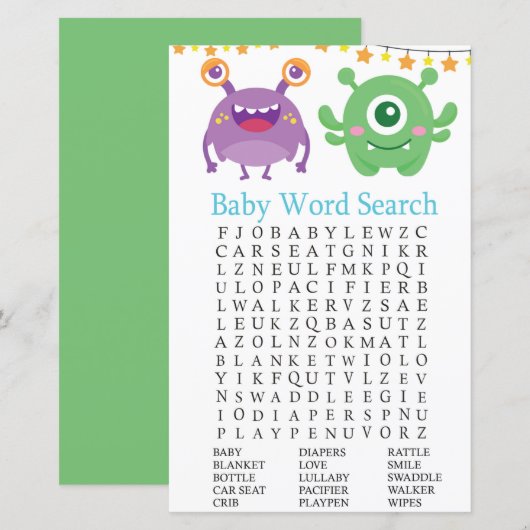 Monster Baby Shower Woordzoekspel Game (Voorkant / Achterkant)