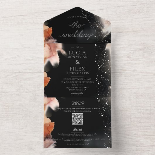 Monster Baho Black en Oranje kleureninktweddenscha All In One Uitnodiging (Binnen)