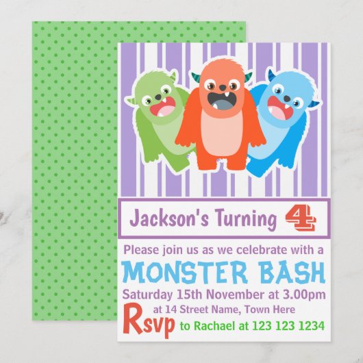 Monster Bash Colorful Fun Custom Kids Birthday Kaart (Voorkant / Achterkant)