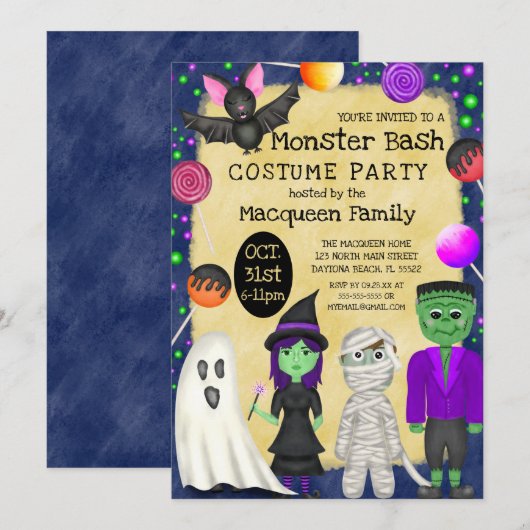 Monster Bash Costume Halloween Party Kaart (Voorkant / Achterkant)