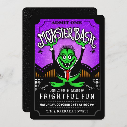Monster Bash Fun Halloween Party Invitation Kaart (Voorkant / Achterkant)