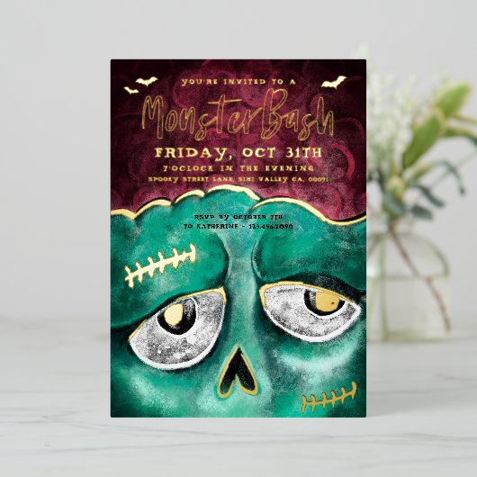 Monster Bash Fun Spooky Zombie Halloween Party Folie Uitnodiging (Staand Voorkant)