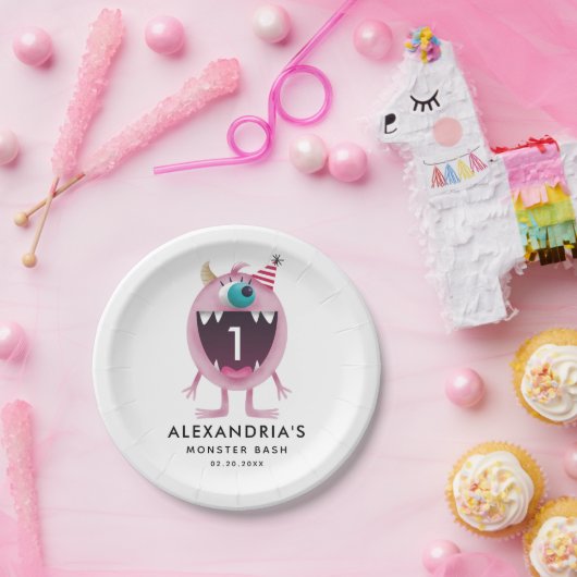 Monster Bash kinderen Birthday Party roze Papieren Bordje (Feest)
