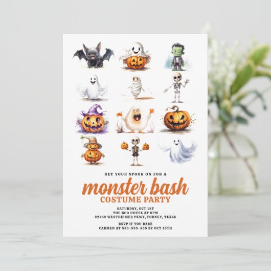 Monster Bash Modern Halloween Kostuum Party Kaart (Staand voorkant)