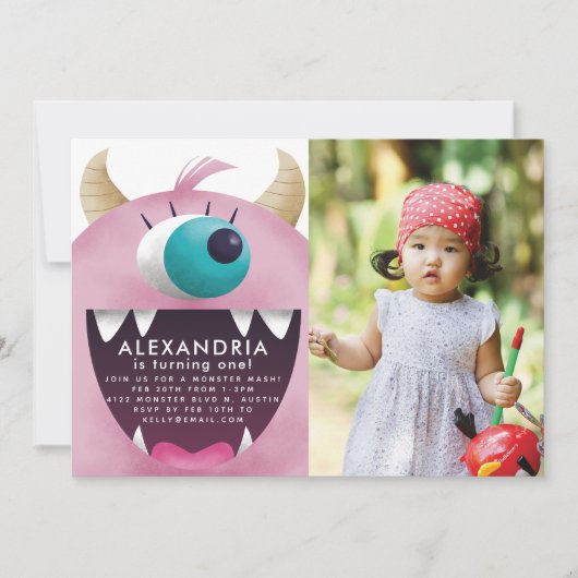 Monster Bash Pink Birthday Foto Kaart (Voorkant)