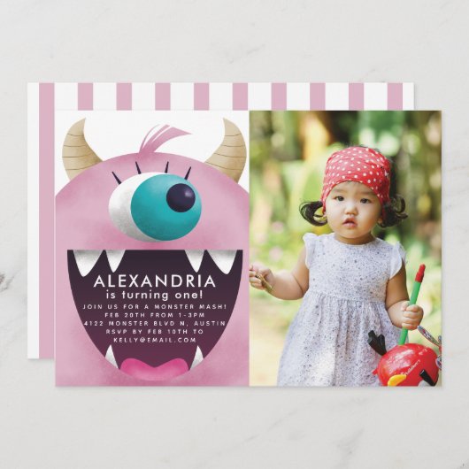 Monster Bash Pink Birthday Foto Kaart (Voorkant / Achterkant)