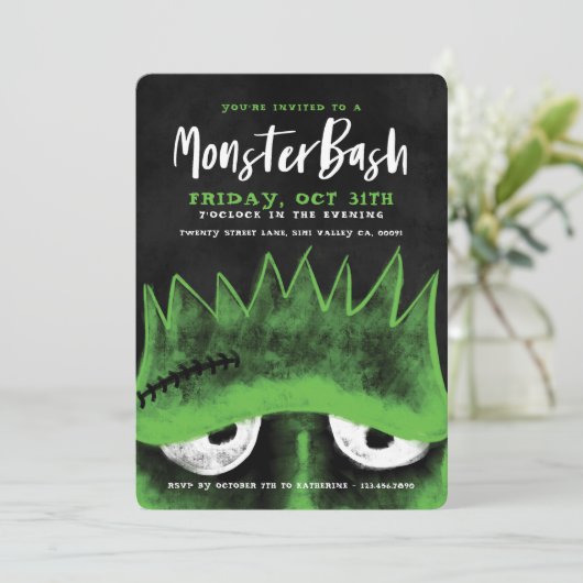 Monster Bash | Spooky Frankenstein Halloween Party Kaart (Staand voorkant)