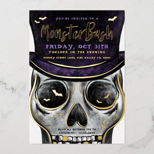 Monster Bash Spooky Skelet Halloween Party Folie Uitnodiging (Voorkant)