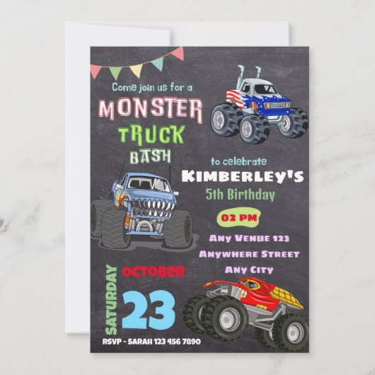 Monster Bash Truck Thema Kids Verjaardag Onderdeel Kaart (Voorkant)