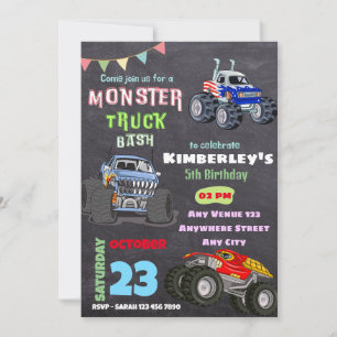 Monster Bash Truck Thema Kids Verjaardag Onderdeel Kaart