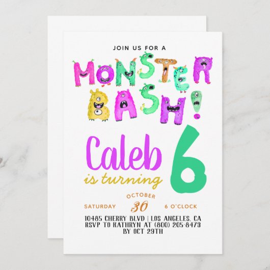 Monster Bash Verjaardag Uitnodiging (Voorkant / Achterkant)