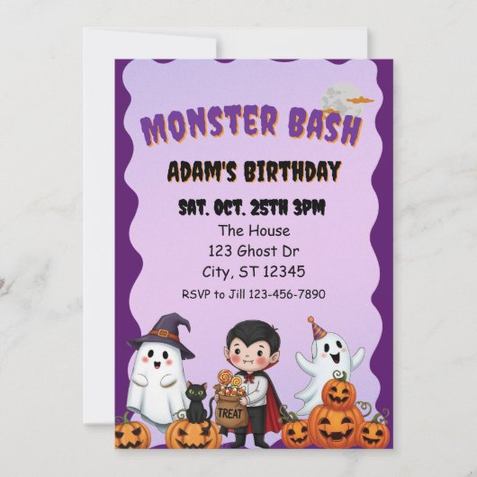 Monster Bash, verjaardagsfeestje met Halloween Kaart (Voorkant)