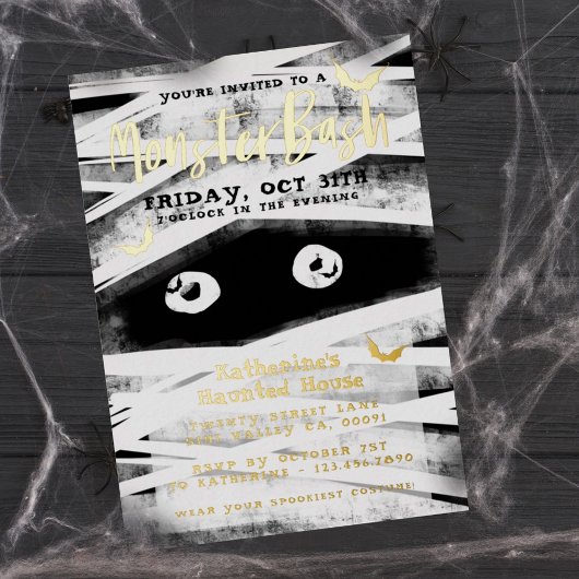 Monster Bash | Zwarte & Witte Mummie Halloween Fee Folie Uitnodiging