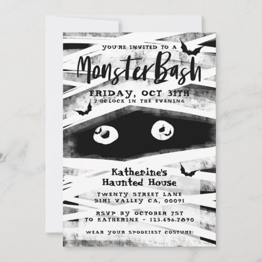 Monster Bash | Zwarte & Witte Mummy Halloween Part Kaart (Voorkant)