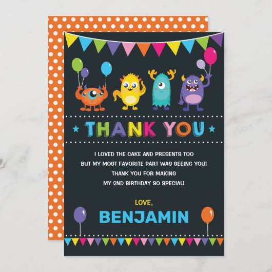 Monster Birthday Bash Chalkboard - Hartelijk dank Kaart (Voorkant / Achterkant)