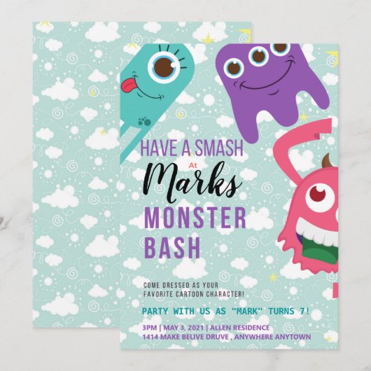 Monster Birthday Invitation Kaart (Voorkant / Achterkant)