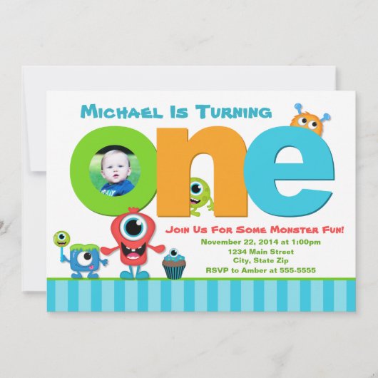Monster Birthday Invitation, Monster 1st Birthday Kaart (Voorkant)
