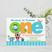 Monster Birthday Invitation, Monster 1st Birthday Kaart (Staand voorkant)