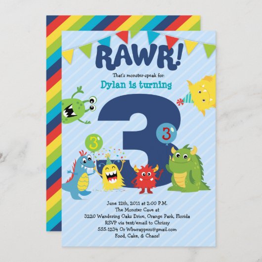 Monster Birthday Party Invitation Kaart (Voorkant / Achterkant)
