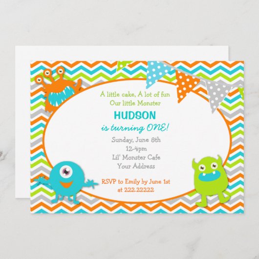 Monster Birthday Party Invitations Kaart (Voorkant / Achterkant)