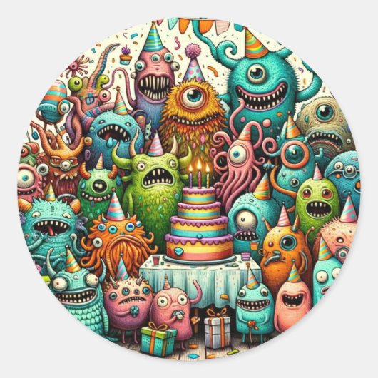 Monster Birthday Party Ronde Sticker (Voorkant)