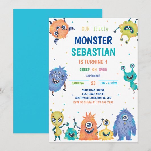 Monster Birthday Uitnodiging (Voorkant / Achterkant)