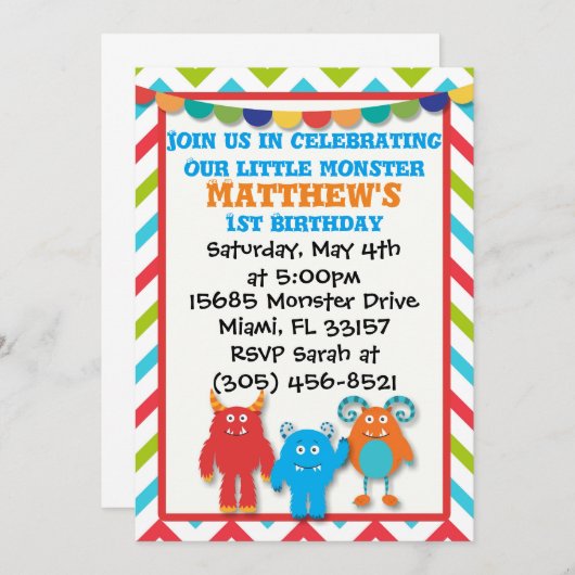 Monster Birthday Uitnodiging (Voorkant / Achterkant)