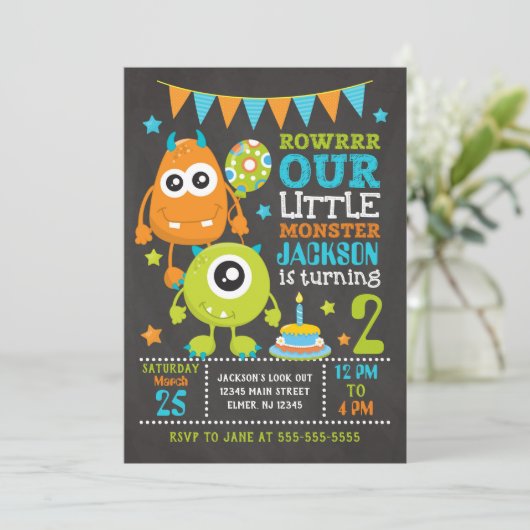 Monster Birthday Uitnodiging / Elke Leeftijd (Staand voorkant)