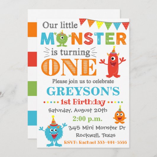 Monster Birthday Uitnodiging | Monsteruitnodiging (Voorkant / Achterkant)
