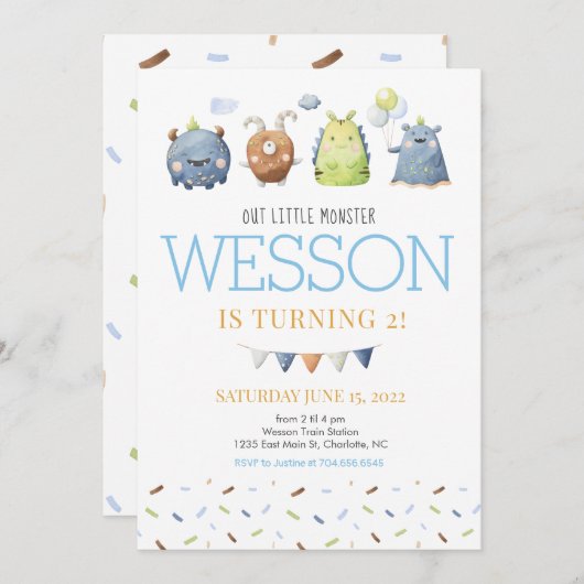 Monster Birthday Uitnodiging, Ons kleine Monster Kaart (Voorkant / Achterkant)