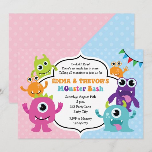 Monster Birthday-uitnodigingen (jongen / meisje /  Kaart (Voorkant / Achterkant)