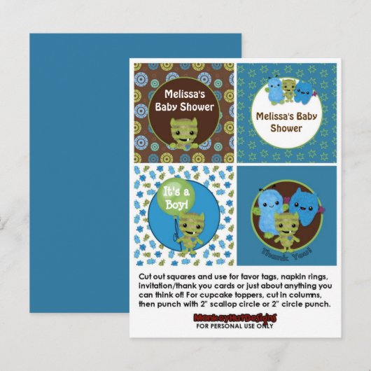 MONSTER Boy Baby shower Cupcake Topper Peek a Boo Uitnodiging Briefkaart (Voorkant / Achterkant)