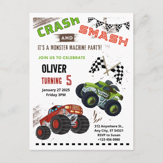Monster Car Truck Kind Verjaardagsfeest Briefkaart (Voorkant)
