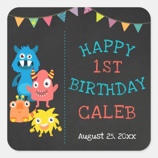 Monster Chalkboard First Birthday Baby Boys Vierkante Sticker (Voorkant)