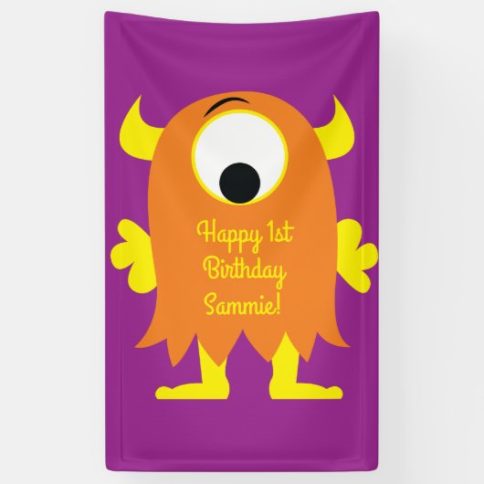 Monster Cute Funny 1st Birthday Party Thema Spandoek (Verticaal)